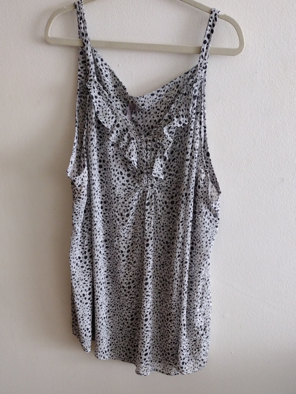 Avenue White and Black Polka Dot Ruffle Camisole